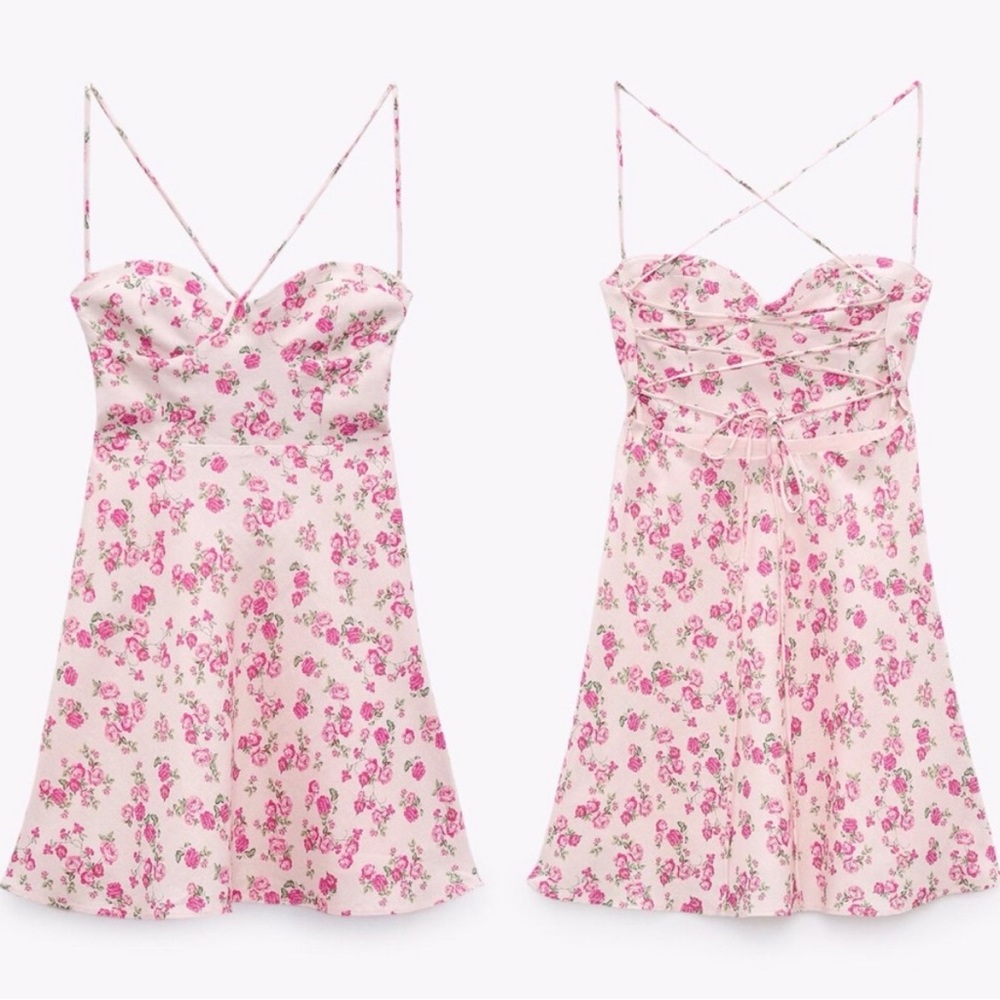 Zara Pink floral linen blend lace up back mini dress